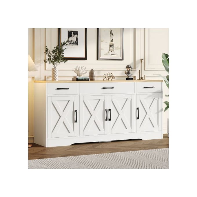 Moderne witte buffetkast, multifunctionele houten kast, woon-eetkamerkast, witte buffetkast met decoratie