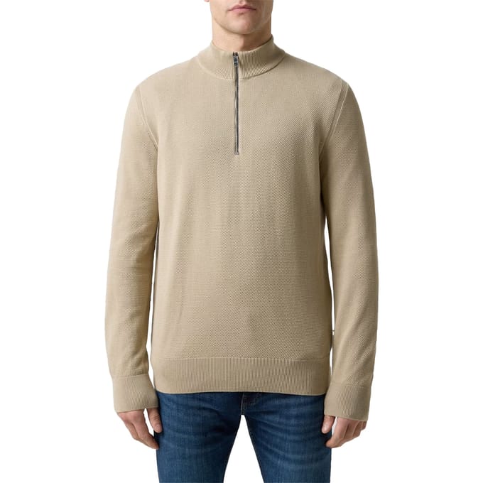 Boss Heren Ebrando-P gebreide trui met halve rits (Licht Beige)