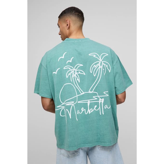 Oversized Extended Neck Line Drawn Marbella Graphic Washed T-Shirt | Green | Size Medium