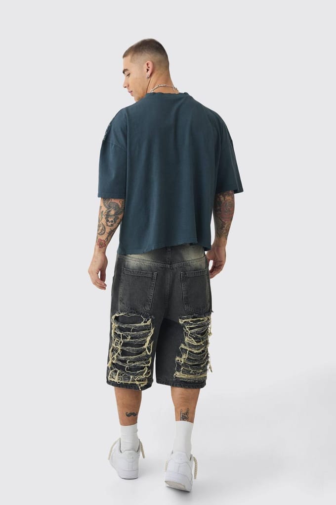 Oversized Boxy Butterfly Print Washed Raw Edge T-Shirt | Grey | Size Medium