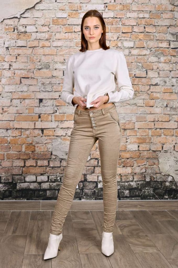 Toxik3 Dames Jeans, Taupe 5 Button Jeans, High Waist, Stretch Denim, Kreukelstof, 5-Knoopssluiting XS