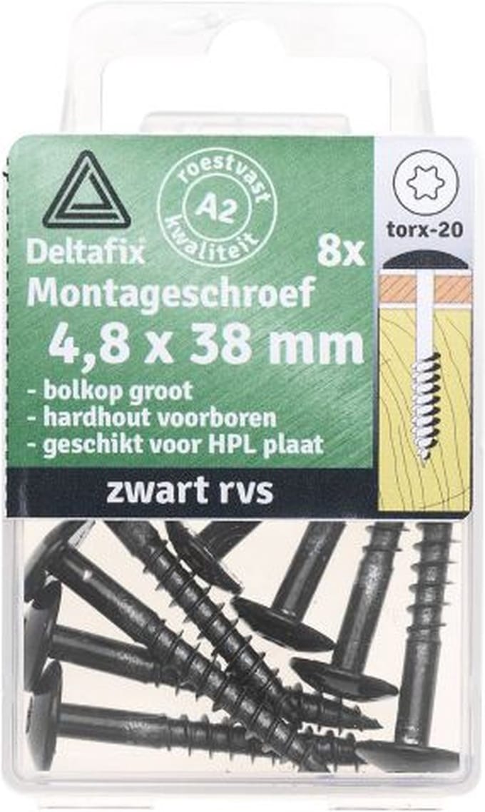 Deltafix montageschroeven 4,8 x 38 mm - RVS - zwart - 8 stuks