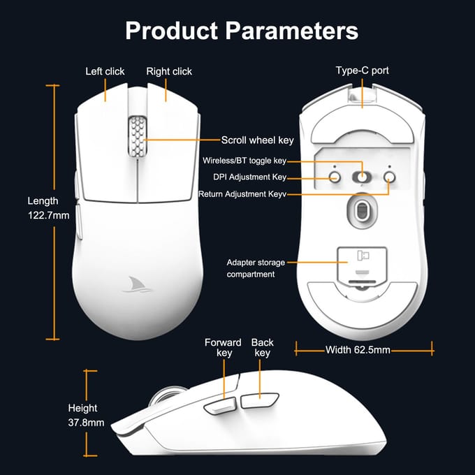 Darmoshark M3 pro Wireless BT5.2 2.4G bekabelde tri-mode oplaadbare gamingmuis 26000DPI instelbaar wit