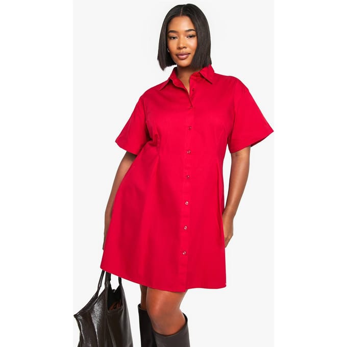 boohoo Dames Plus Poplin getailleerde overhemdjurk | Rood | Maat: 44