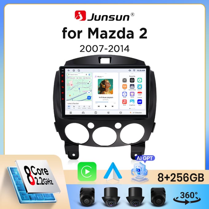 Junsun draadloze CarPlay Android Auto autoradio voor Mazda 2 Mk2 (DE) 2007-2014 met ingebouwde koelventilator, Android GPS navigatie, multimediaspeler, WiFi, DSP, RDS, BT, SWC, IPS touchscreen,