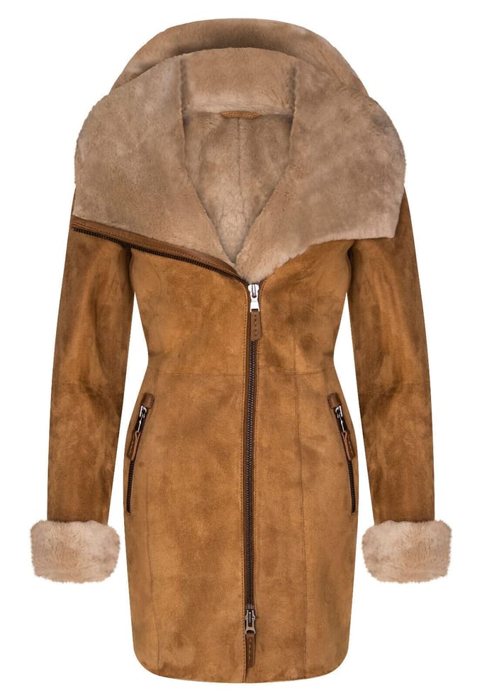 Dames merino schapenvacht jas met capuchon-antiek