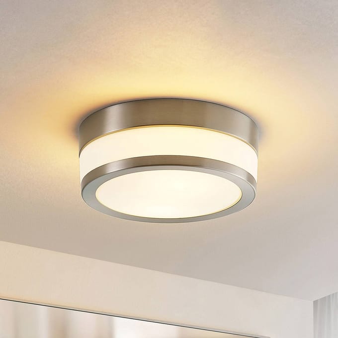 Lindby - Plafondlamp badkamer - 2lichts - Glas, metaal - H: 9 cm - E27 - opaalwit, mat nikkel
