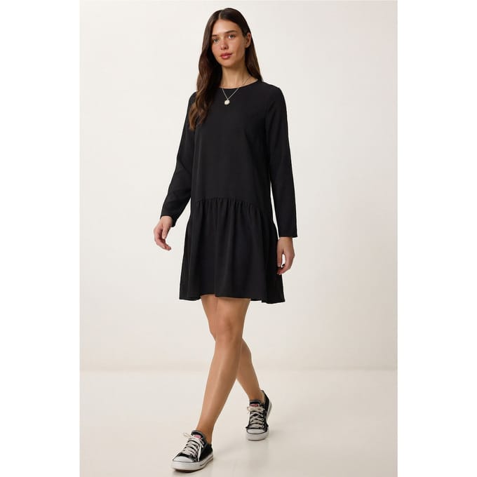 Ruches Crew Neck Lange Mouw Mini Jurk