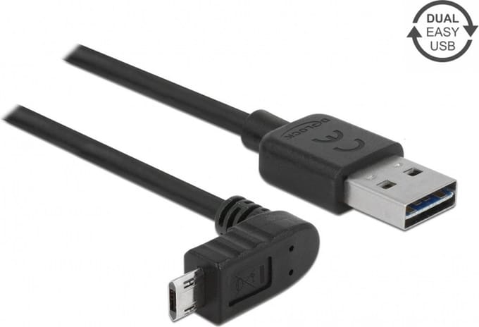 Easy-Micro USB haaks (boven/beneden) naar Easy-USB-A kabel - USB2.0 - tot 2A / zwart - 1 meter