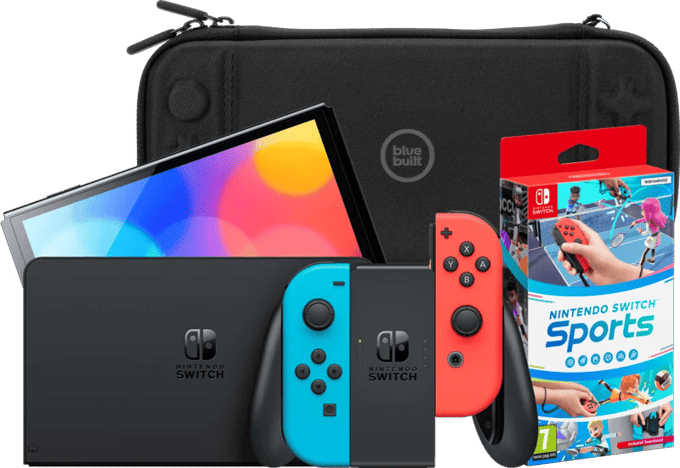 Nintendo Switch OLED Blauw/Rood + Nintendo Switch Sports + BlueBuilt Beschermhoes
