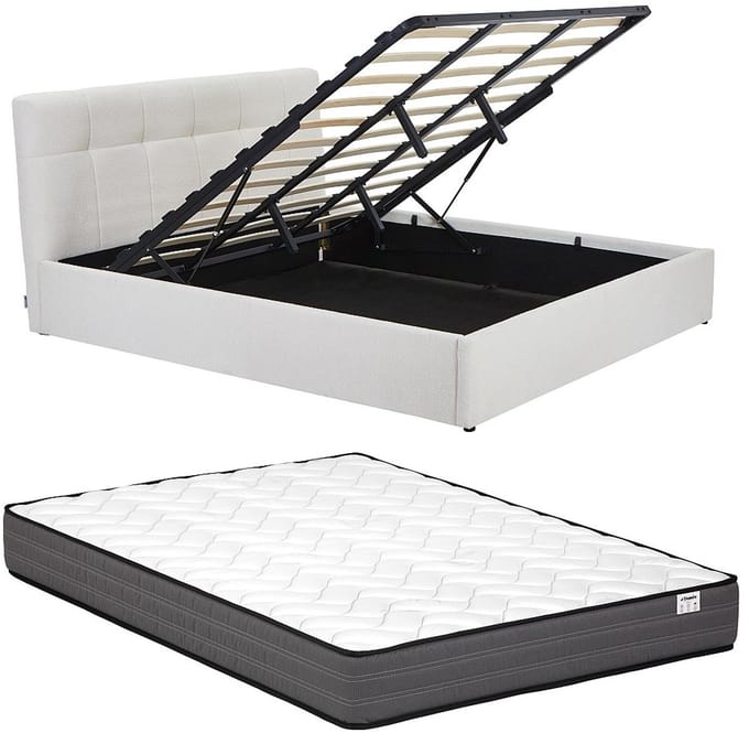 Vente-unique Bed met opbergruimte stof wit 180 x 200 cm (Super King Size Bed)