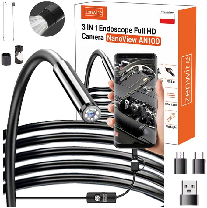 Zenwire AN100 - Endoscoop - Kabel met een lengte van 3,5 m - 3 praktische tips - Inspectiecamera HD - Waterproof - Inspectiecamera 3 in 1 - USB C - Compatibel met Windows, Android, Linux