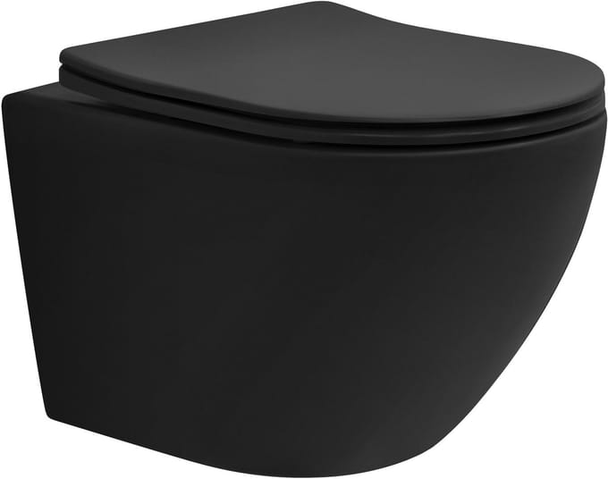 LuxeBath wandhangend toilet, randloos, zwart, diepspoel keramisch wandhangend toilet, kort 49 cm, toilet zonder spoelrand, soft-close toiletdeksel, tornado spoeling, glanzend hangend toilet