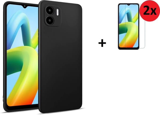 Geschikt voor Xiaomi Redmi A1/ A2 Hoesje - Siliconen - Redmi A1/ A2 Screenprotector - Hoesje Zwart Case + 2x Screenprotector