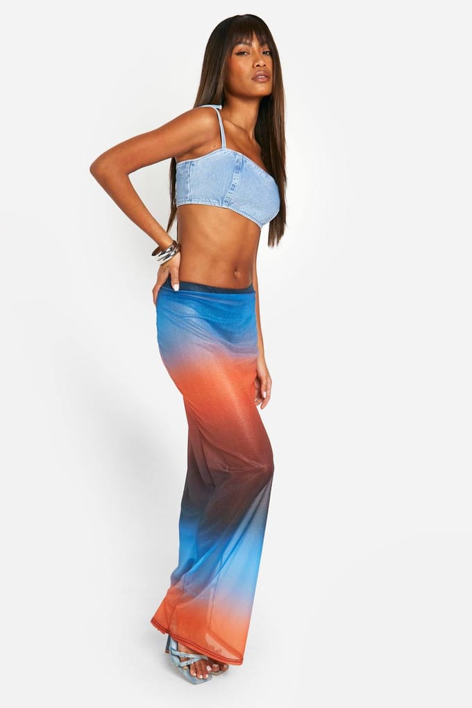 boohoo Dames Ombre Mesh Maxi Rok | Gewassen Blauw | Maat: 38
