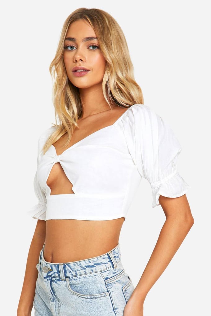 boohoo Dames Linnen-look crop top met ballonmouwen | Wit | Maat: 38