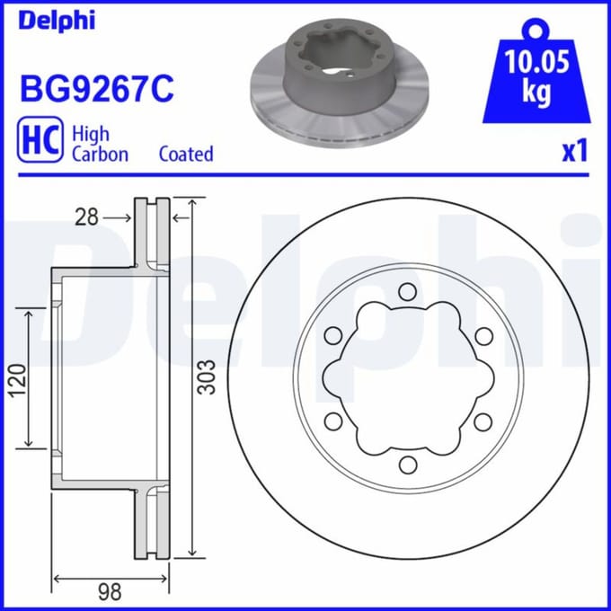 Remschijf DELPHI BG9267C achter, geventileerd, volledig, sterk gecarboniseerd, 1 Stuk