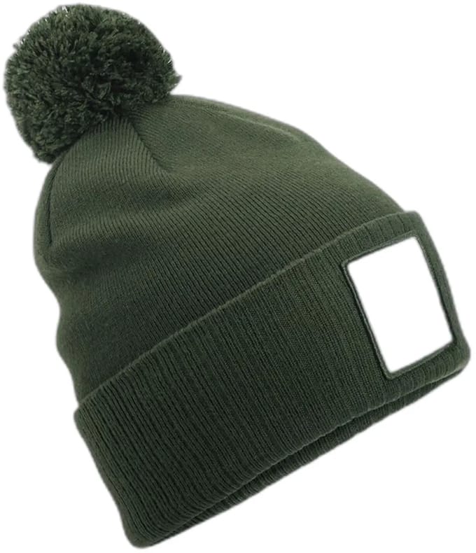 Appliqué Patch Pom Beanie - Olive Green/White - One Size