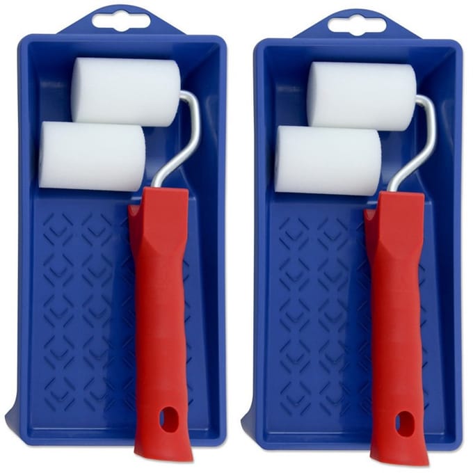 Veba Lakroller - 3x stuks - 5cm - schilderset - extra fijn met verfbak en beugel - Verfset - Schuim rollers