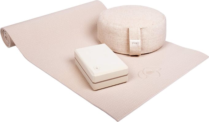 Starterspakket yogamat sand, jute meditatiekussen en crème blok