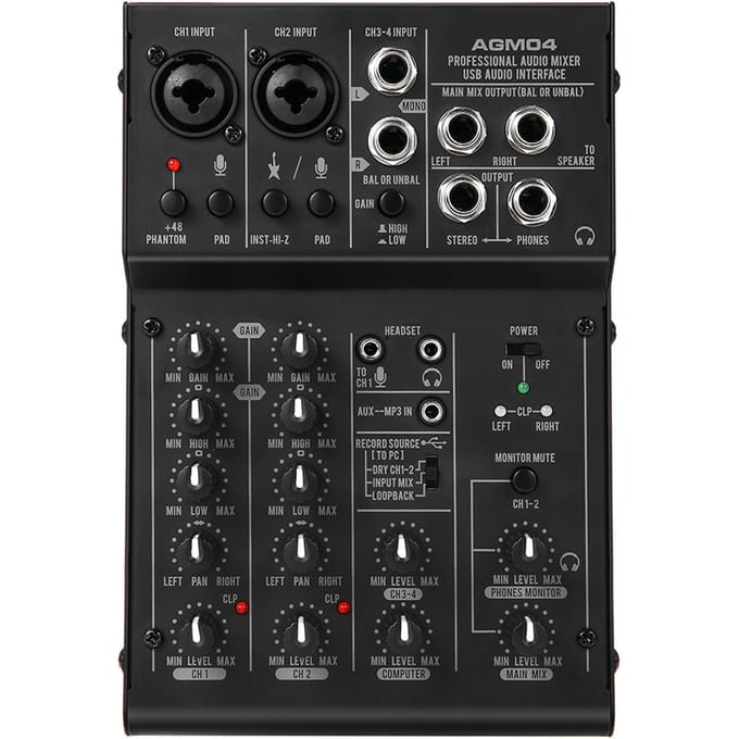 Mini console de mixage 4 canaux, mélangeur audio numérique, égaliseur 2 bandes, alimentation fantôme 48 V intégrée, 5 V black