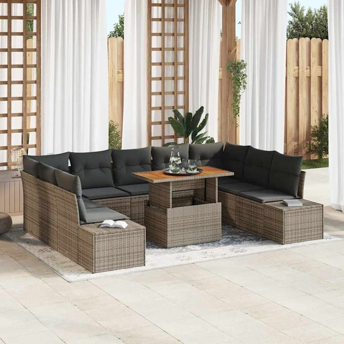 vidaXL Tuin Eettafel Set met kussen 10 pcs Grijs en Bruin