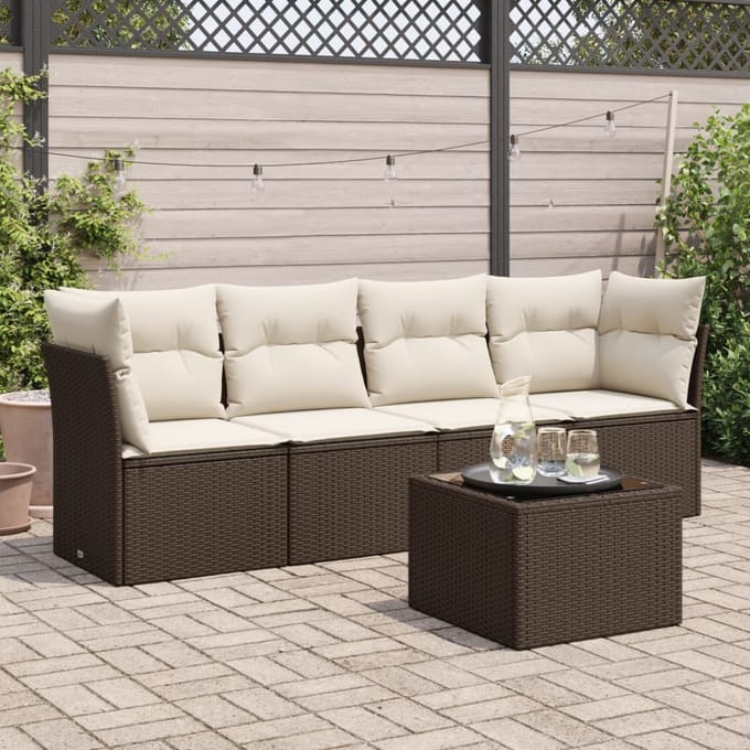 vidaXL - 5-delige - Loungeset - met - kussens - poly - rattan - bruin