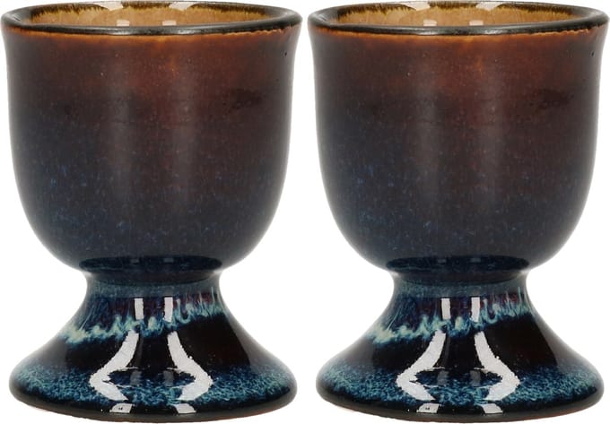 Cosy & Trendy Eierdopje - 2x stuks - porselein - blauw/bruin - 5 cm - eierdopjes