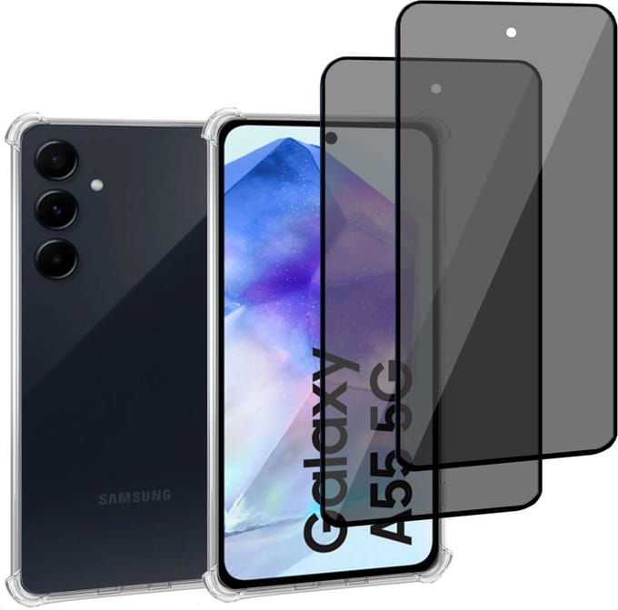 Hoesje + 2x Privé Screenprotector geschikt voor Samsung Galaxy A55 – Privacy Tempered Glass - Case Transparant