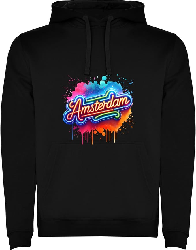 Zwarte Hoodie Amsterdam FULL Color in Neon Effect Maat M