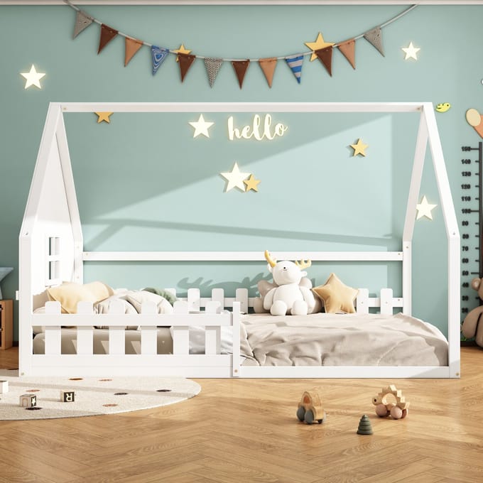 Vlak bed, 140*200 cm, kinderbed, veiligheidshekje, leuning, grenenhout, wit
