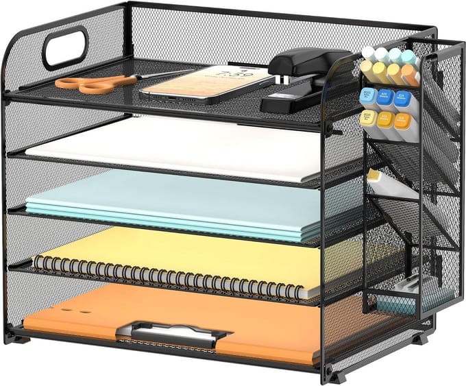 Documentenbak en Bureau Organizer met 5 etages, Pennenhouders en Handvat - Zwart