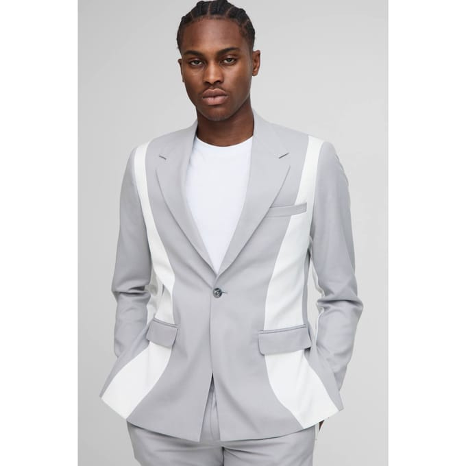 Slim Fit Contrast Panel Blazer | Grey | Size 50