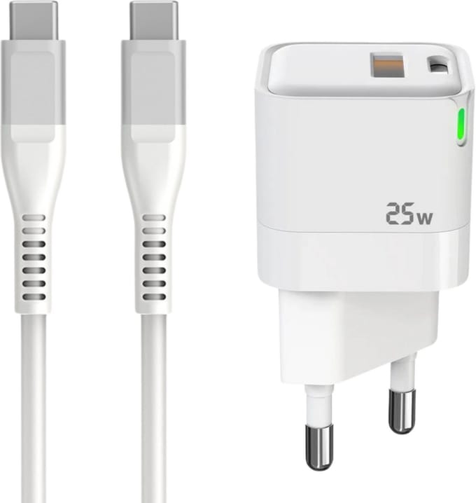 GB Mini Snellader 25W – USB-C + USB-A – Incl. 2m USB-C Kabel (Silver) – Compact & Stevig – Voor iPhone 15 - 16, Samsung, iPad, MacBook & Meer