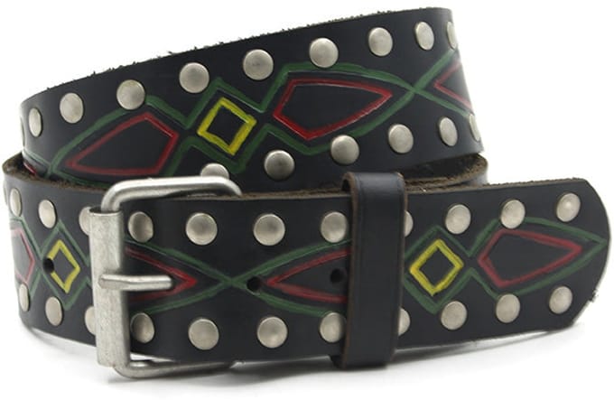 Heren riem zwart - Leren riem met studs 5cm met abstracte print - Leer - Riem met studs - Stoer - Maat 85