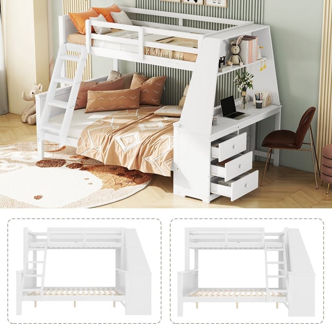 Stapelbed 90x200 En 140x200 - Bureau, Opbergruimte, Hoog Bedhek - Wit