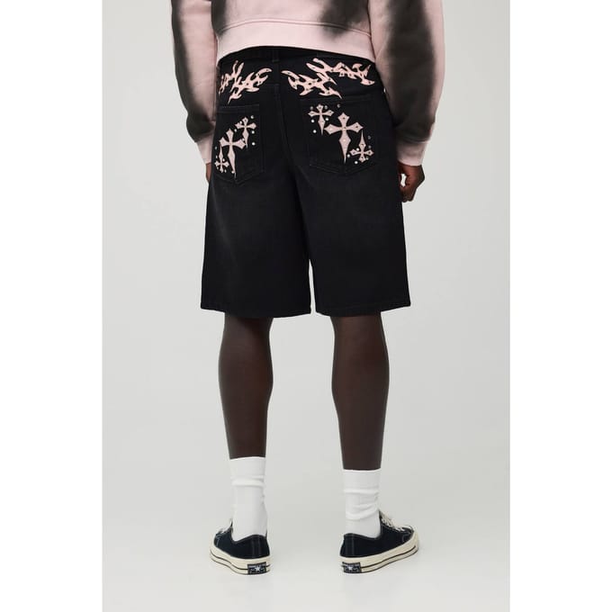 Gewone Denim Shorts Met Kruis Applicatie En Strass | Black | Size 32