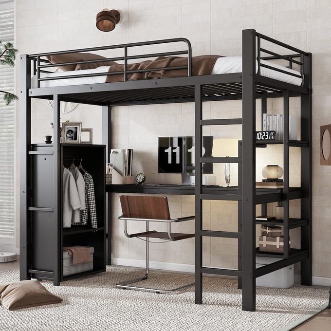 MODFU Hoogslaper 90x200 cm van metaal en MDF, met bureau en kledingkast, zwart