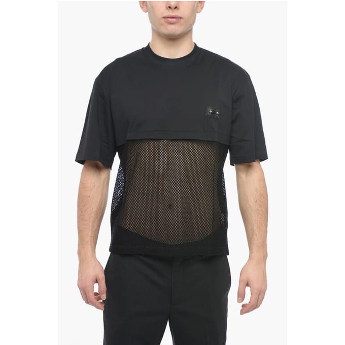 Slim Fit Mesh T-shirt met ronde hals en piercing in zwart