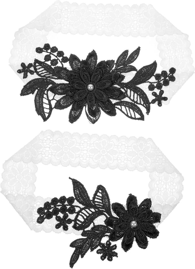 Kousenband Set - Bruids Kousenband - Bruiloft Accessoire - Bloemen Kant Design - Verstelbaar - Wit
