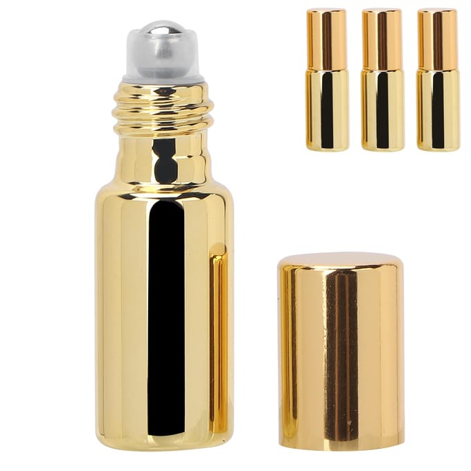 3pcs Flacon Roll-on Professionnel en Verre pour Parfum Portable Huile Essentielle Roll-on Ensemble de Flacons 5ml Or or