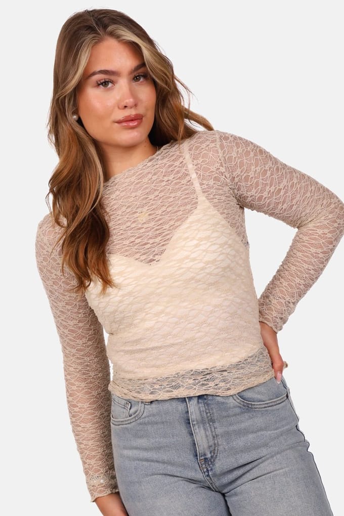 Getdrezzed Top - Maat: M - Kanten top met structuur beige
