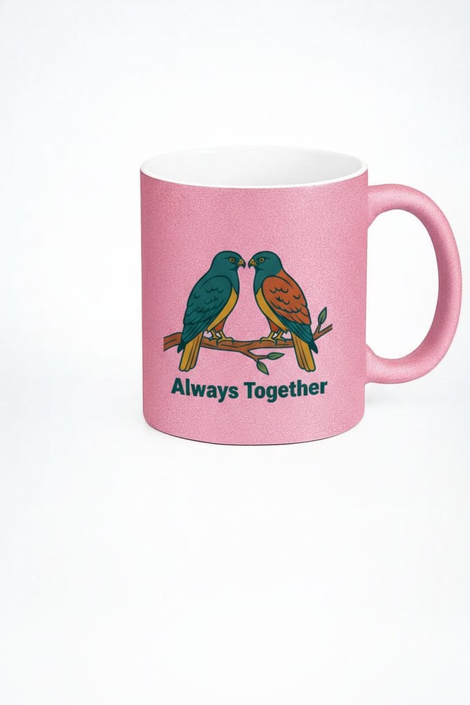 Roze Glitter Mok 'Always Together' met Liefdesvogels - Romantisch Cadeau