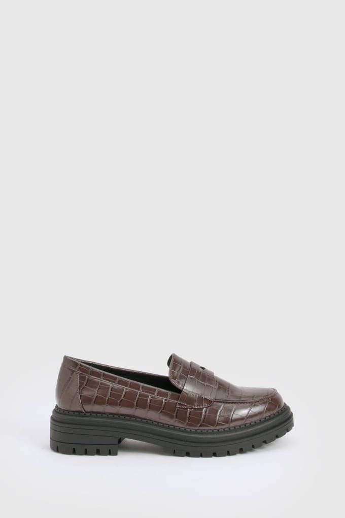 boohoo Dames Chunky Croco Banddetail Loafers | Chocolate | Maat: 3