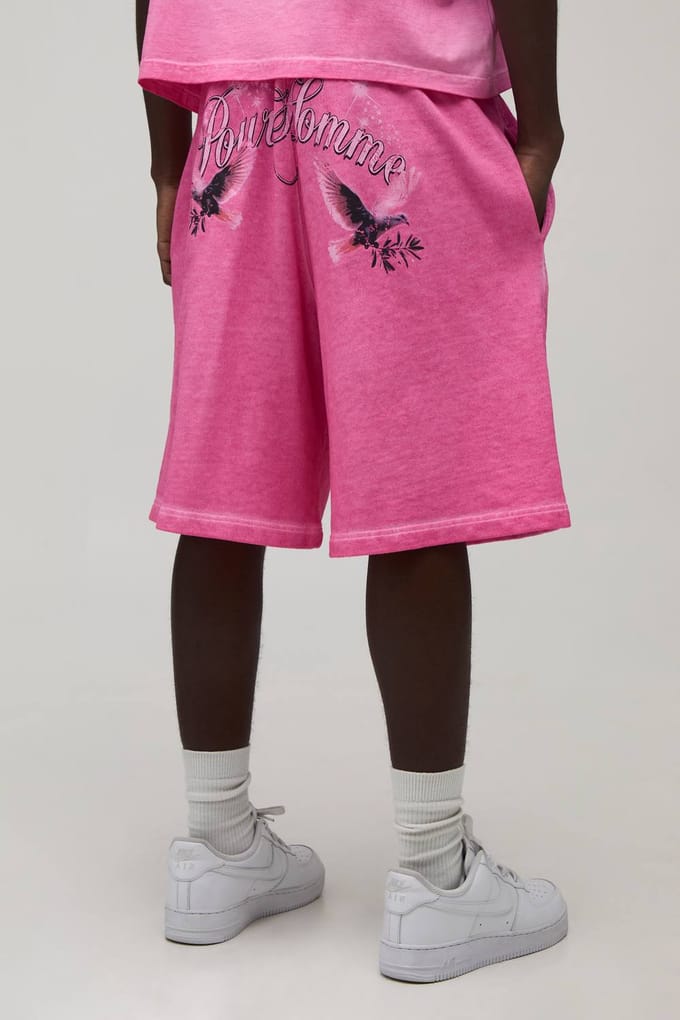 Ruimvallende Gewassen Felgekleurde Bedrukte Short | Pink | Size Medium