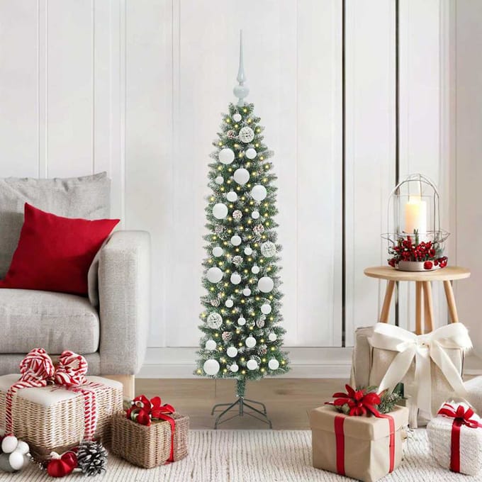 vidaXL - Kunstmatige - slanke - kerstboom - Groen - en - Wit - 120 - cm