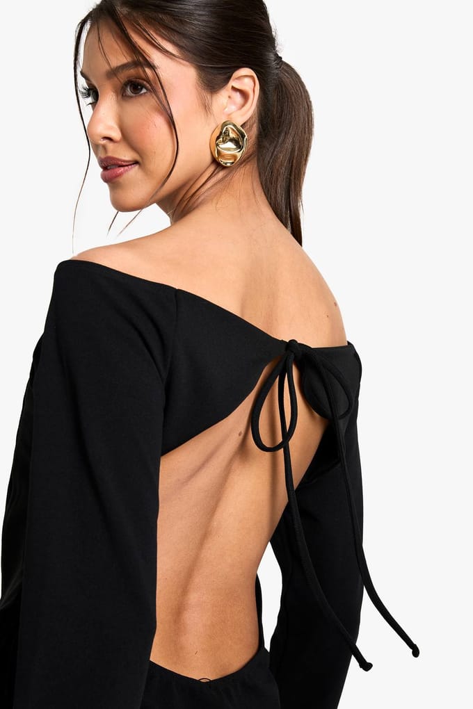 boohoo Dames High Bardot Tie Back Skater Jurk | Black | Maat: 14