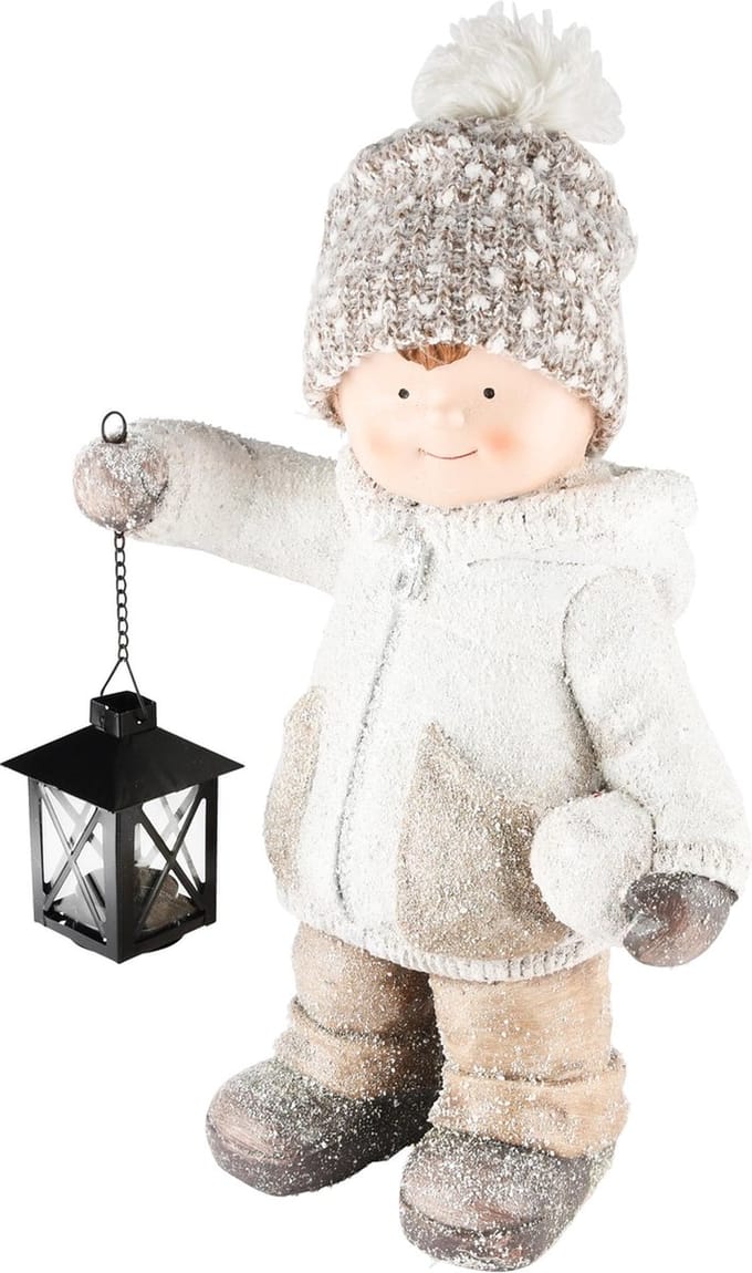 Dekoratief | Winterjongen m/lantaarn, wit/bruin, magnesium, 27x21x40cm | A235930