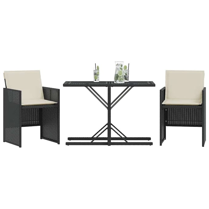 vidaXL - 3-delige - Bistroset - met - kussens - poly - rattan - zwart