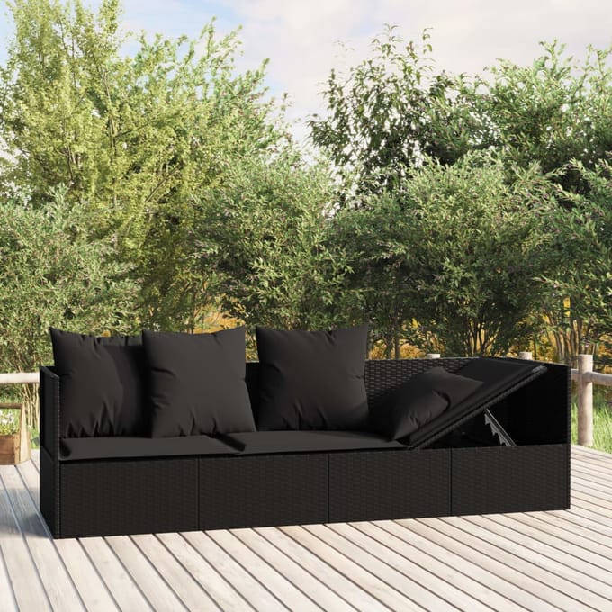 vidaXL - Loungebed - met - kussens - poly - rattan - zwart